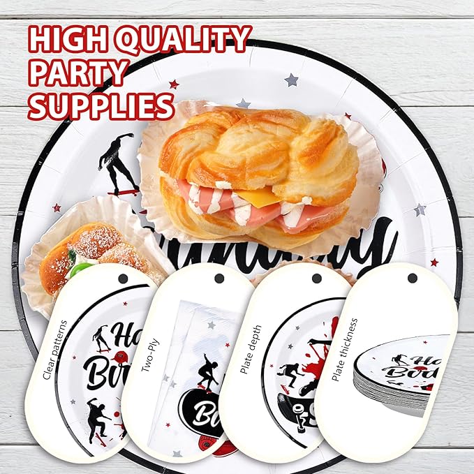 96 Pcs Skateboard Birthday Party Supplies Skate Plates and Napkins Disposable Skateboard Sports Theme Tableware Set for Skater Birthday Baby Shower Party Decorations Serves 24