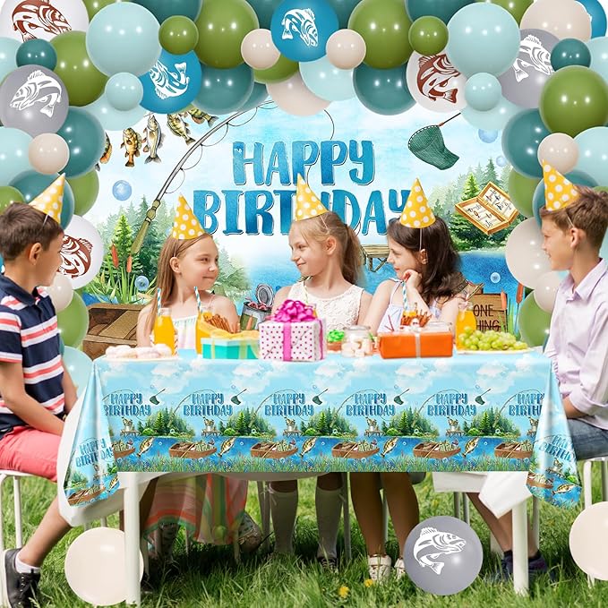 Fishing Birthday Party Decorations 274PCS Gone Fishing Plates Napkins Tablecloth Cups Balloons Banner All-in-1 Fish Party Decorations Birthday Party Supplies Serve 24