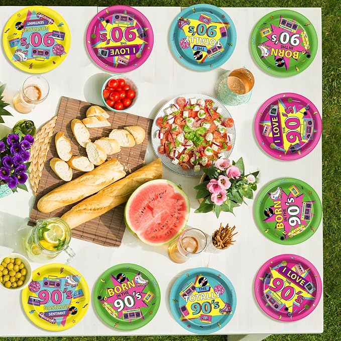 CHUNNIN 48Pcs 90's Party Plates Back to The 90s Party Decorations 1990s Theme Paper Dessert Plates Retro Birthday Supplies 7" 1990's Music Decorations for Kids Birthday Baby Shower Favor