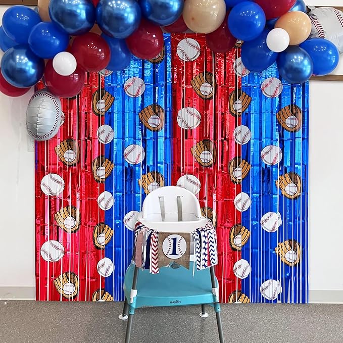 4 Pack Baseball Tinsel Foil Fringe Curtains Backdrop Party Decorations, Blue and White Red Door Streamers Banner Sports Themed Birthday Party Decor Supplies for Boys Favor