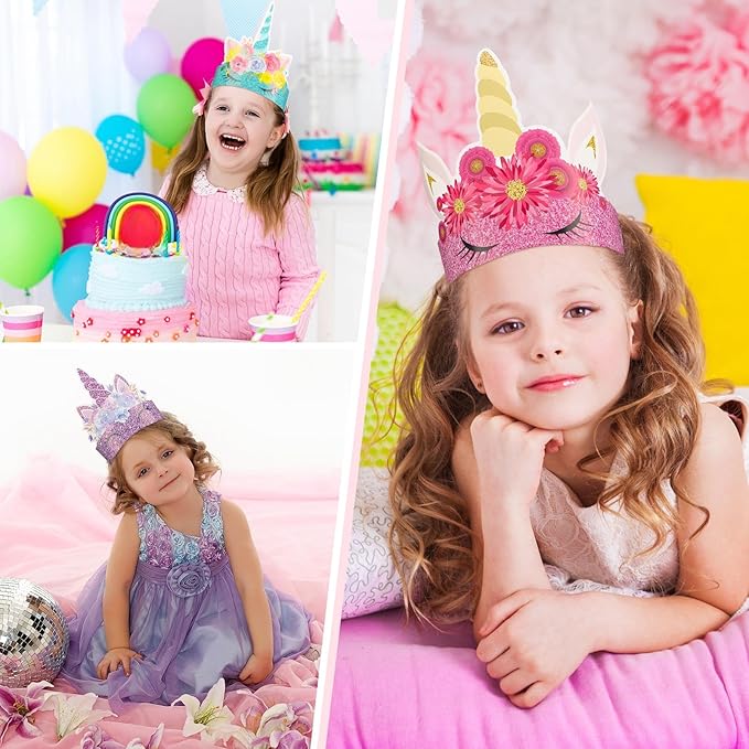 24 Pcs Unicorn Birthday Party Hats Paper Party Crown Unicorn Headbands for Boys Girls, Princess Dress up Theme Decorations Birthday Favors Supplies Headbands
