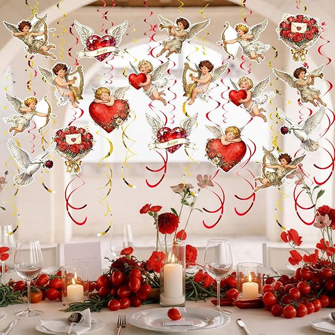 Valentine's Cupid Party Streamers, 48 PCS Romantic Hanging Swirl Decorations - Angel, Heart & Rose Motifs for Valentine's Day, Weddings & Anniversary Parties