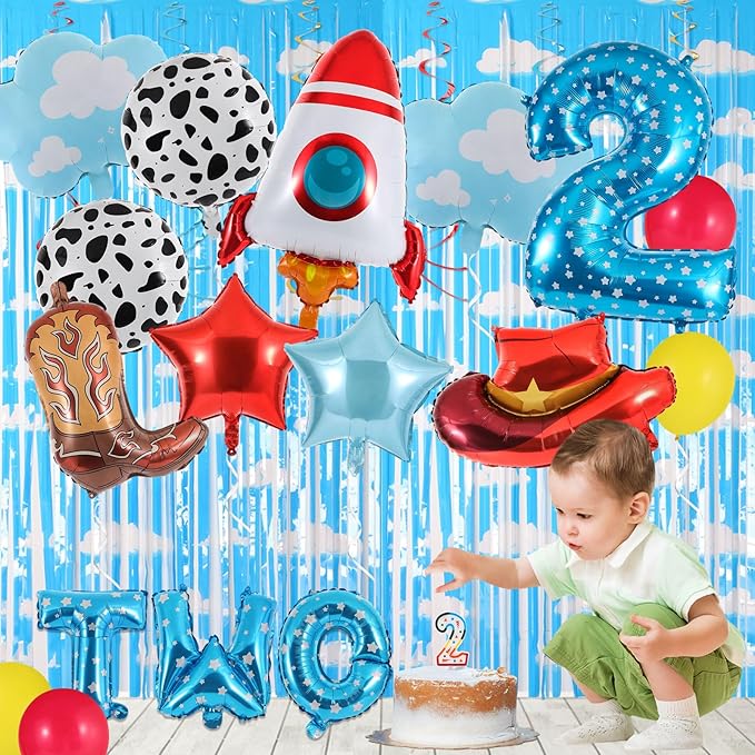 17Pcs Toy Themed Party Decorations Cartoon 2nd Birthday Decorations Blue Sky Clouds Cowboy Hat Boots Rocket Balloons Two Infinity and Beyond Toy Inspired Birthday Party Supplies