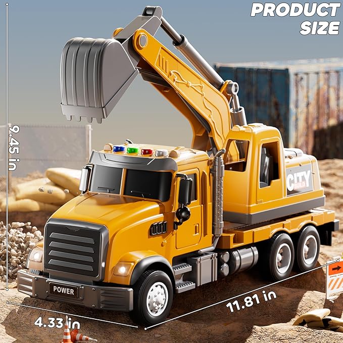 Excavator Toys for Boys Aged 3-5 4-6, Play Excavator with Light and Sound, Toy Truck Construction Vehicles Cars for Kids 2-4 4-7 Years Old, Birthday Gift for Girls Toddlers 1-3