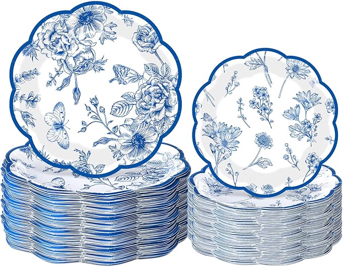 60 Pcs Blue White Floral Paper Plates 9 in and 7 in Disposable Butterfly Flower Party Plates Spring Elegant Dinner Dessert Tableware for Wedding Baby Shower Chinoiserie Table Decor Supplies