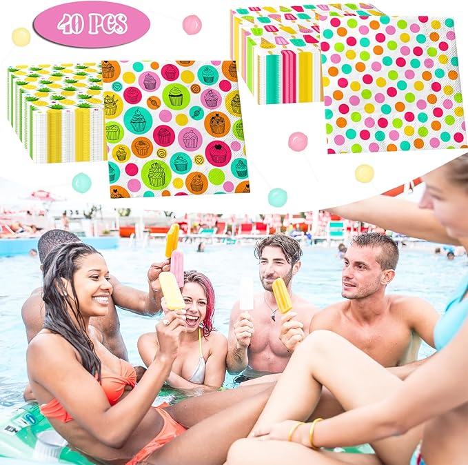 Summer Napkins,40Pcs Ice Cream Napkin Summer Birthday Party Decorations Tropical Fruit Party Napkins Hawaiian Baby Shower Decorations for Beach Pool