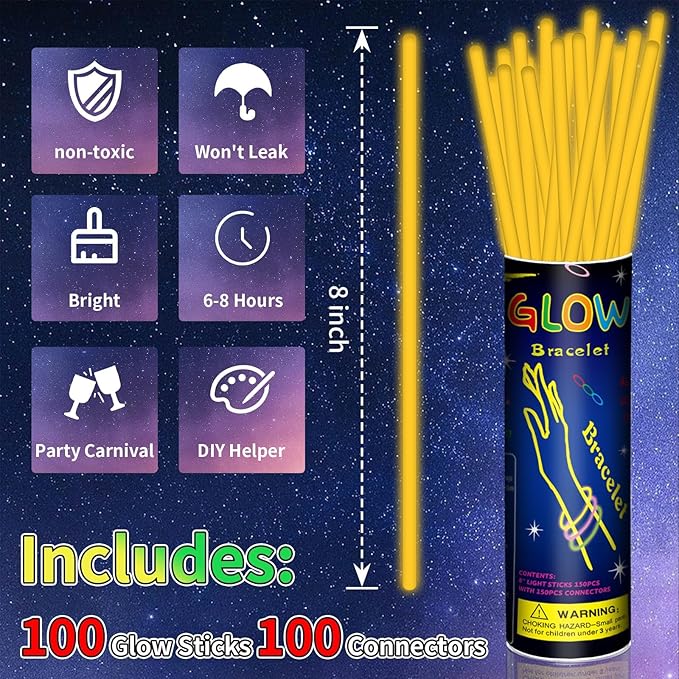 100 Pack 8” Orange Glow Sticks Bulk with 100 Connectors Neon Glow In The Dark Party favors Supplies for Holiday Birthday Party Decoration (Orange)