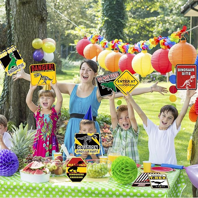 Blulu 9 Pcs Dinosaur Birthday Decoration Jurassic Paper Signs Jurassic Theme Decor Party Favors Beware of Dinosaur Crossing Sign Wall Poster for Kids Birthday Halloween Props
