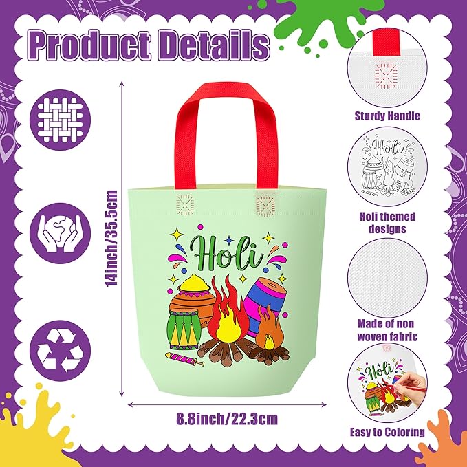 Holi Coloring Goodie Bags for Kid - 24Pcs Happy Holi Color Your Own Gift Bags with Handle Reusable Non Woven Coloring Tote Packet for Classroom DIY Painting Indian Festival Holiday Spring Party Favor