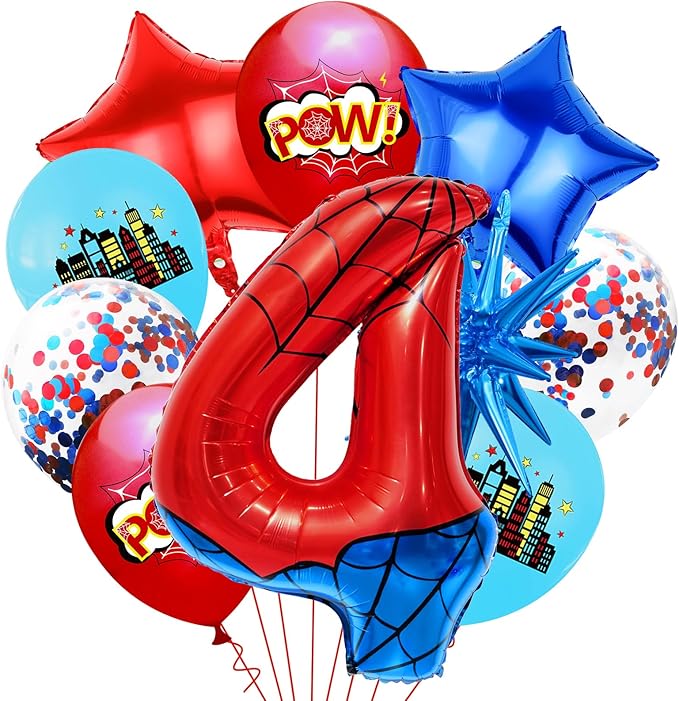 Spider Web Number 4 Balloon Birthday Decoration, Superhero Themed 40in Giant Mylar Number Party Supplies