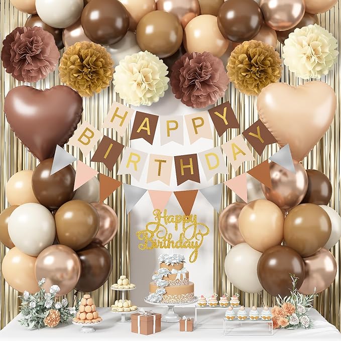Brown Birthday Decorations, Tan Beige Cream Neutral Boho Balloons Happy Birthday Banner Fringe Curtain Heart Foil Balloons for Women Boys Girls Boho Baby Shower Bachelorette Party Decoration Supplies