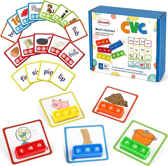 Aizweb CVC Word Games Kindergarten,Phonics Games for Kids Ages 3-8,CVC Pop its with Flash Cards for Preschool Special Education Classroom Supplies,Reading&Spelling Activity Manipulatives for Teachers