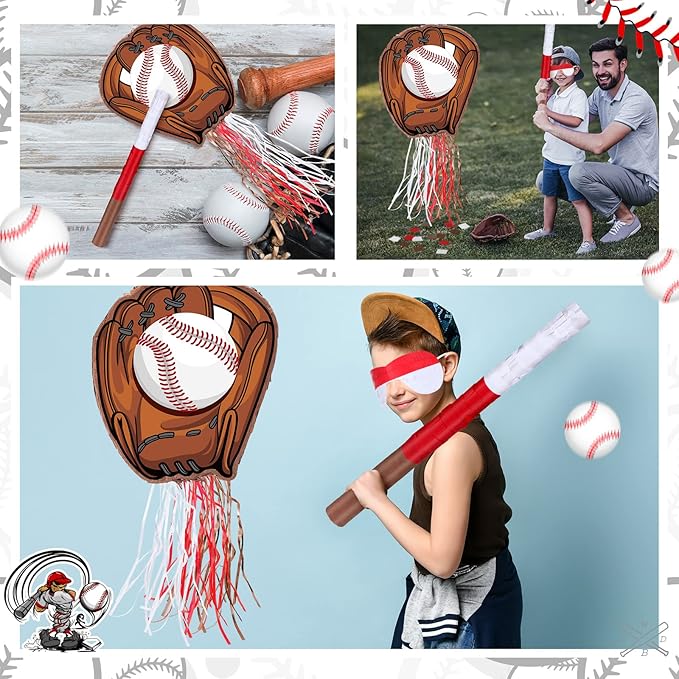 Baseball Piñata with Blindfold Bat for Birthday Party Softball Paper Piñata Sports Balls Confetti Baseball Party Supplies for Birthday Party Decorations 13.19 x 13.19 x 3 Inch(Cool)