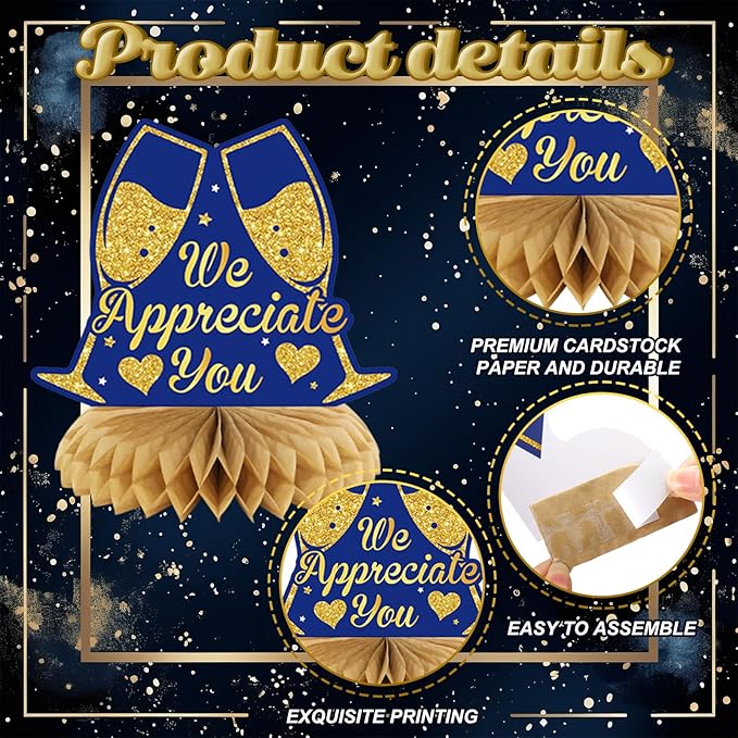 12 Pcs Thank You Decorations Honeycomb Centerpiece Employee Appreciation Decor We Appreciate You Table Decorations Thank Table Topper for Doctor Employee Party Supplies(Gold and Blue)