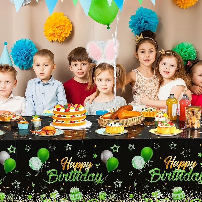 Breling Birthday Party Supplies Confetti Sprinkles Happy Birthday Tablecloths Starry Table Covers for Party Decorations, 54 x 108 Inches(Green and Black,3 Pack)