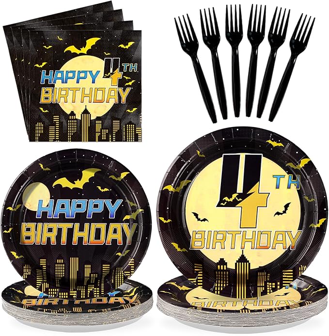 96Pcs Bat 4th Birthday Party Decorations Black Yellow Cartoon Bat Hero Paper Plates and Napkins Set Bats Fourth Birthday Decoration for Boys 4 Years Old Super Theme Hero Bats Party Supplies Serves 24