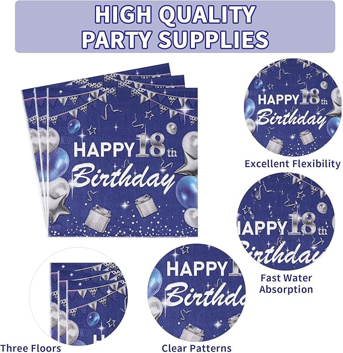 Grencian 96Pcs 18th Birthday Party Decorations Blue and Silver 18th Birthday Plates and Napkins Disposable Paper Tableware Set for Teens Boys Girls 18 Years Old Party Supplies, Serves 24
