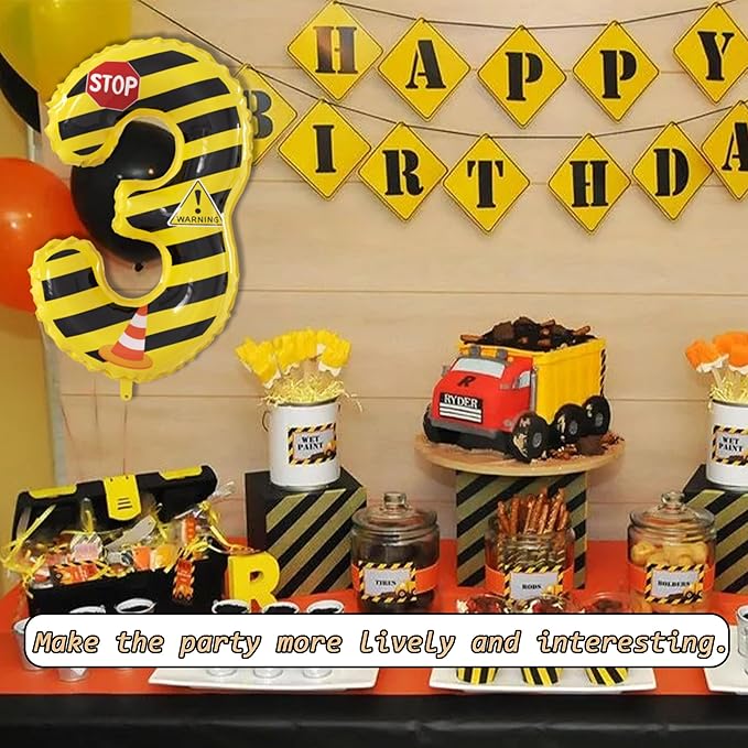 40 Inch Giant Construction Theme Number Balloons - Large Number 3 Balloons Yellow and Black Striped for Kids' Construction Birthday Anniversary Party Decorations Supplies Number 2-4 Balloon