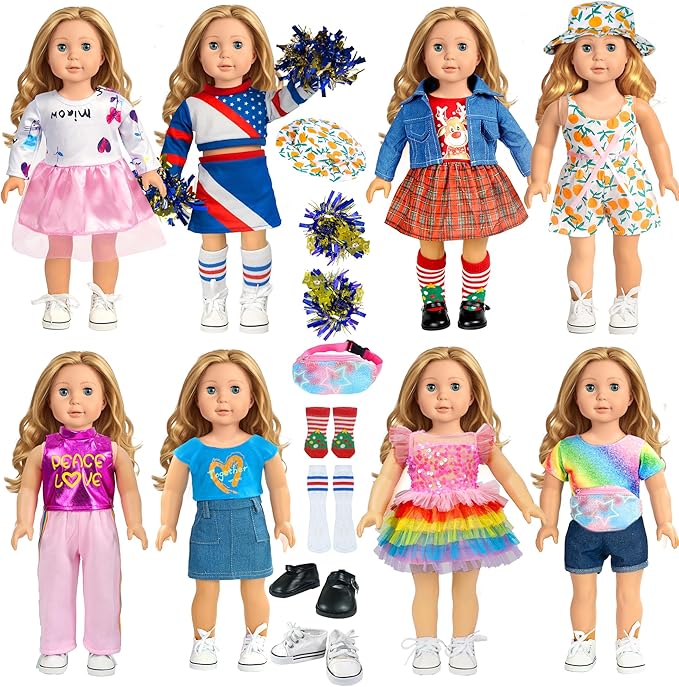 18-inch-Doll-Clothes-Accessories ARTST 18 Doll Accessories American Doll Clothing Dress Outfit Set with Hat Shoes Socks WaistBag, Valentine's Gift for Girls