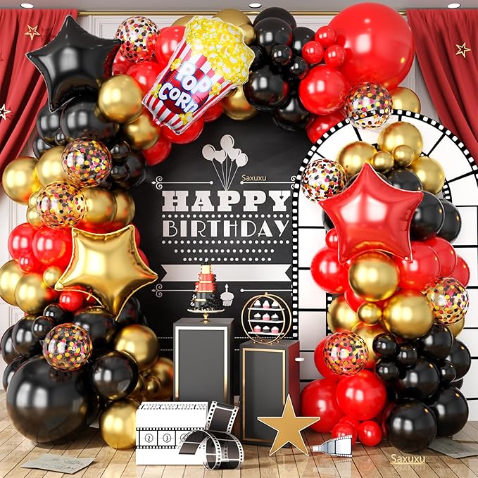 Movie Night Balloon Garland Arch Kit, Red Black Metallic Gold Confetti Balloons with Star Foil Popcorn Balloons for Birthdays Movie Theme Film Party Anniversaries Decorations