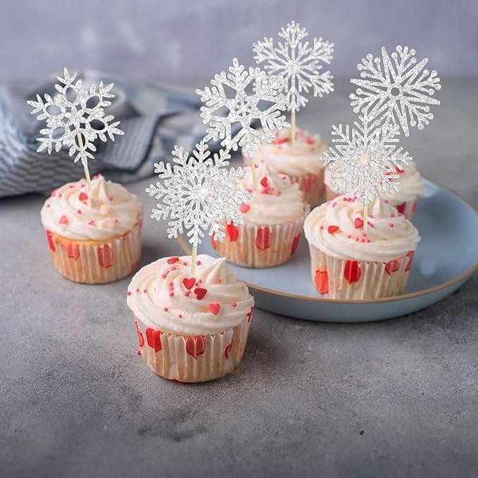 36Pcs Snowflake Cupcake Toppers Frozen Cupcake Picks Winter Frozen Theme Party Christmas Baby Shower Wedding Decoration Supplies Winter Wonderland Theme Cupcake Topper Sliver