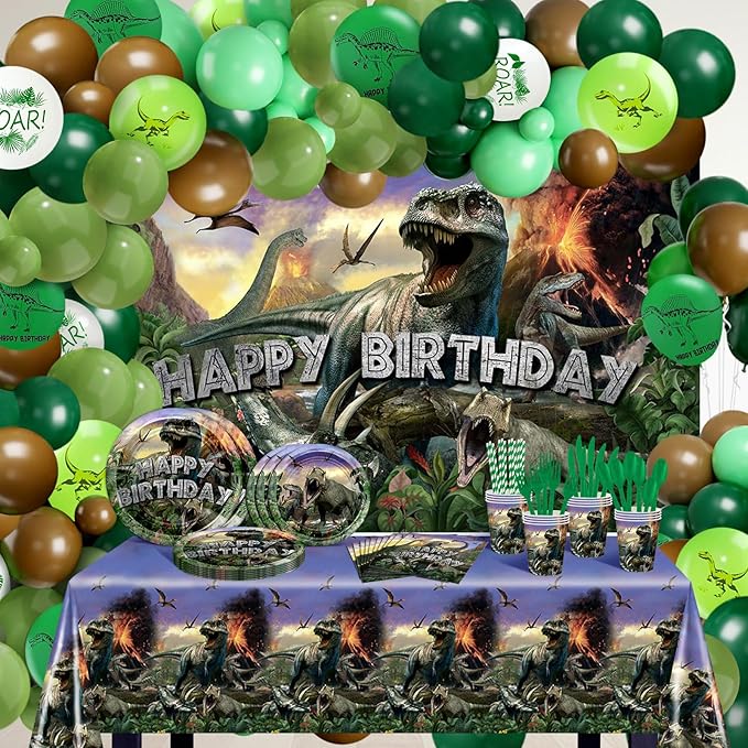 Dinosaur Birthday Decorations 280 PCS Dinosaur Birthday Backdrop Plates Napkins Tablecloth Balloons Jurassic Dino Party Supplies Serve 24