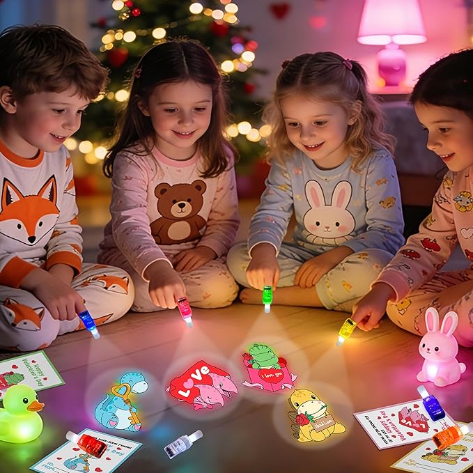 24 Pack Valentines Day Gift for Kids Boys Girls, Dinosaur LED Finger Lights with Cards, Glow in the Dark Toys, Classroom Exchange Prize, Goodie Bag Stuffers, Dino Valentine Party Favors