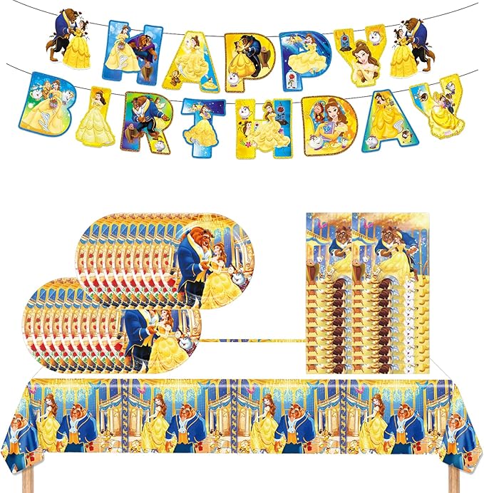 Beauty and The Beast Party Decorations(Serves 20), Princess Belle Birthday Party Tableware with Banner, Tablecloth, 20 Disposable 7" Paper Plates with Napkins for Kids Fans Birthday Party Decorations