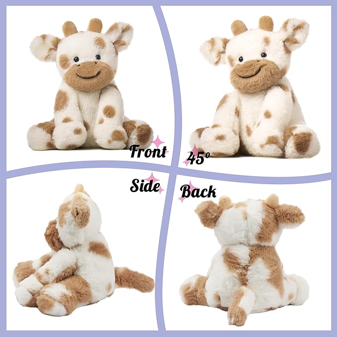 Hopearl Adorable Plush Cow Toy Floppy Dairy Cattle Soft Stuffed Animal Cute Birthday Gifts for Boys Girls Kids Toddlers, Light Brown, 9''
