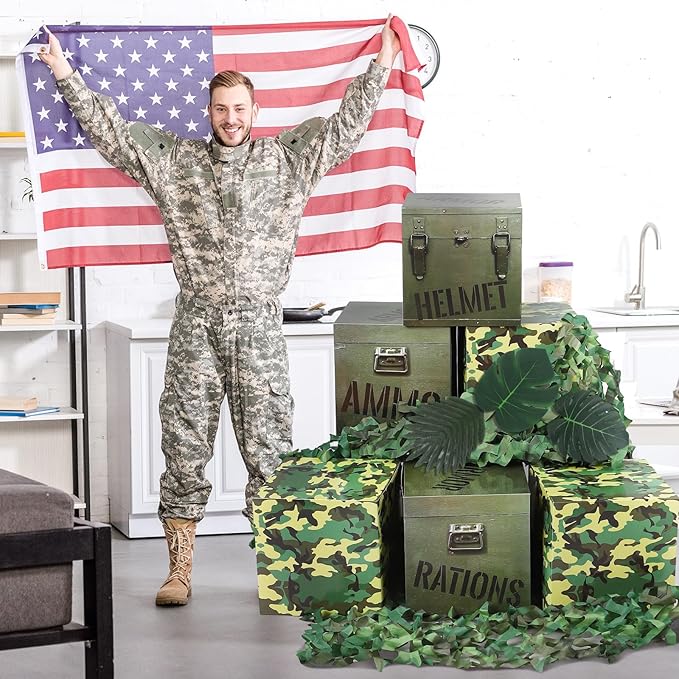 19 Pcs Camo Boxes Decor Army Party Decorations Including Camo Boxes Camo Netting and Palm Leaves for Hunting Military Army Military Enthusiasts Jungle Camo Party Birthday Party Supplies