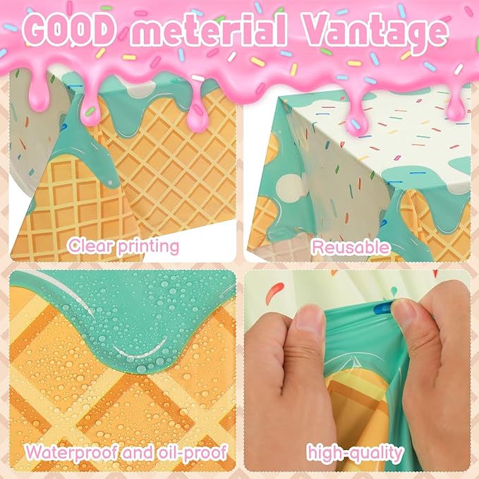 Ice Cream Party Supplies, 4 Pack Ice Cream Disposable Tablecloth 54 x 108 in Waterproof Plastic Rectangular Table Cover for Birthday, Summer Party, Baby Shower, Sweet Dessert