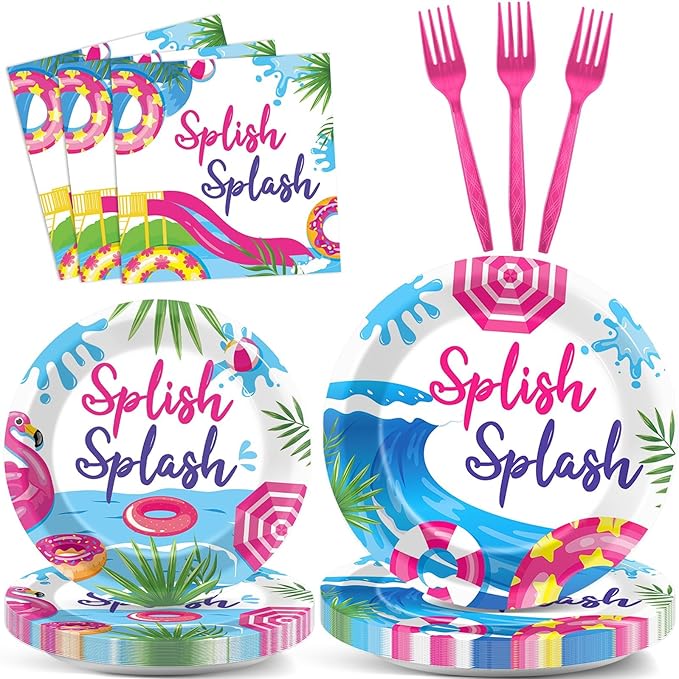 CHUNNIN 96Pcs Pink Splish Splash Plates and Napkins Summer Pool Birthday Party Decorations Splish Splash Bash Dessert Plates Summer Beach Tableware for 24 Guests Girls Hawaiian Party Supplies