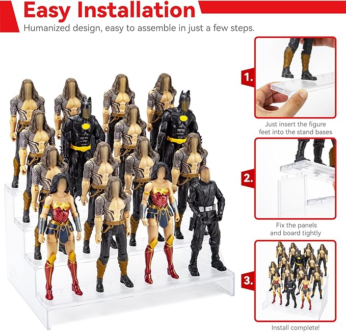 SIXPOINTS Clear Riser Display Shelf with Peg,4 Tier 6 inch Action Figure Toy Collectibles Organizer, Compatible with 1/12 Scale Marvel Legends/DC/GI Joe/Motu Figure Toy(6 inch-Clear)