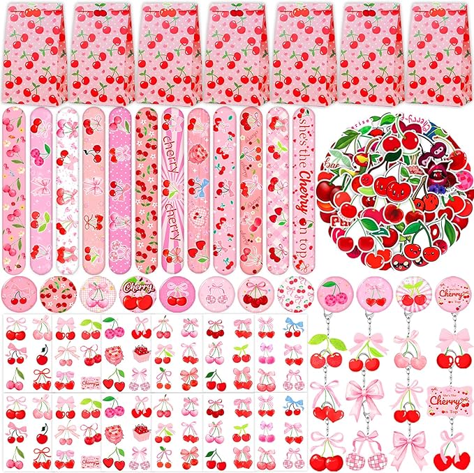 110PCS Cherry Party Favors She's The Cherry On Top Slap Bracelet Summer Fruit Cherries Stickers Tattoos, Keychain, Button Pins, Cute Cherry Party Gift Bag for Wedding Bridal Baby Shower Supplies