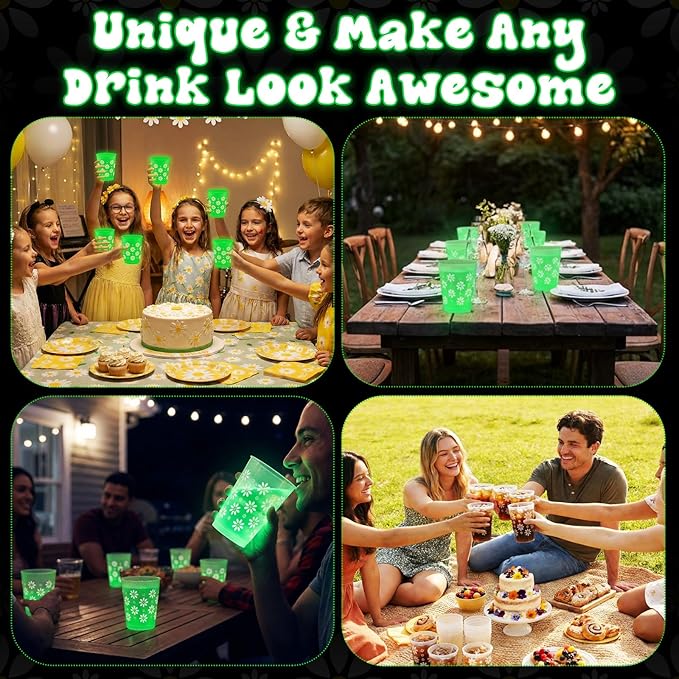 24 Pcs Daisy Flower Party Cup Glow in The Dark Cups 12 oz Reusable Frosted Cup Bulk Green Plastic Tumbler with Daisy Pattern for Easter Spring Summer Birthday Baby Shower Decoration