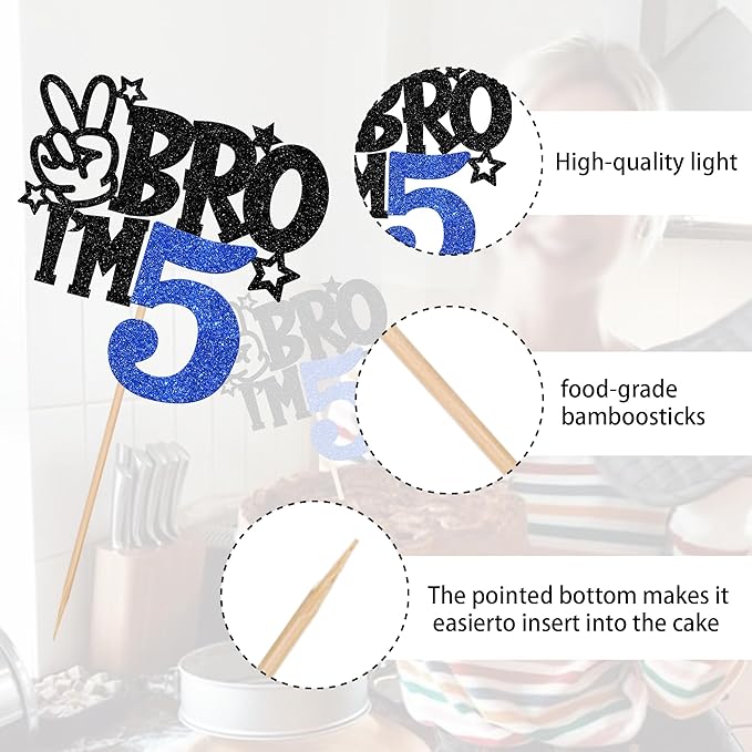 1 PCS Brother I'm 5 Cake Topper Glitter Star Happy 5th Birthday Cake Pick Bro I'm 5 Cake Decoration It's My 5th Birthday Decorations for Boys Cheers to 5 Years Old Birthday Party Supplies Blue