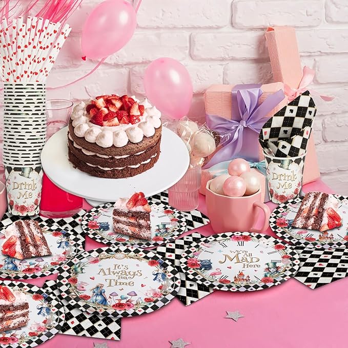 Alice in Wonderland Birthday Party Decorations, 120Pcs Tea Themed Party Supplies Tableware Includes Paper Plates, Napkins, Cups and Straws, Serves 24