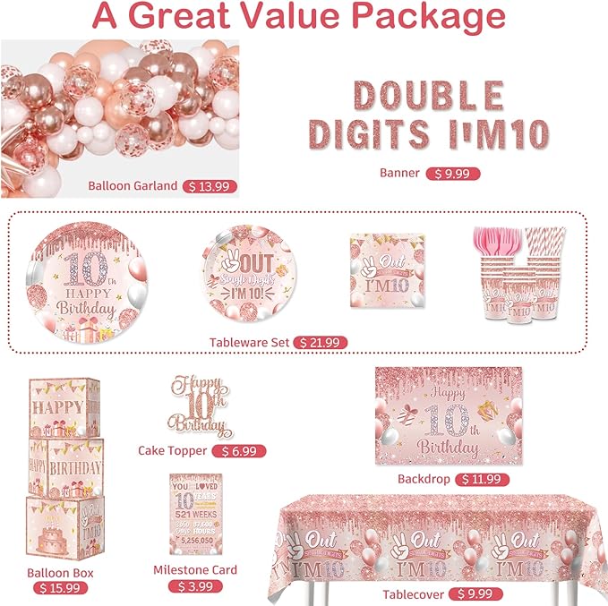 10th Birthday Decorations for Girl, Double Digits Birthday Girl 10 Years Old Double Digits I'm 10 Banner Balloons Garland Arch Backdrop Sash Plates and Napkins Set Ten Birthday Party Supplies