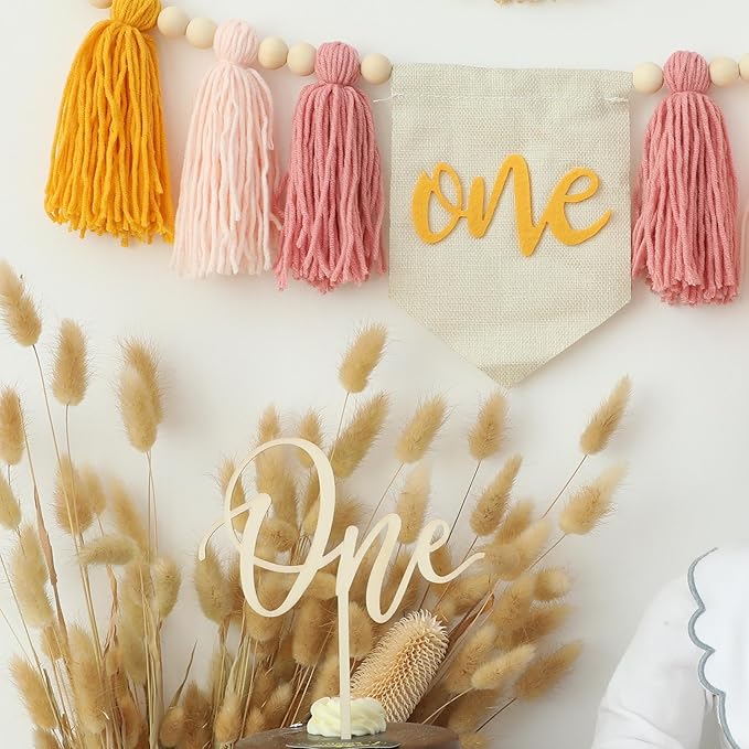 Baby Girls Pink Yellow 1st High Chair Banner Wood Bead Tassel Garland Crown Hat Wooden Cake Topper Birthday Party Decorations