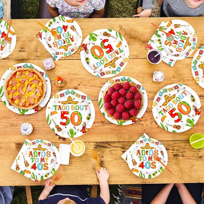 96Pcs Taco 50th Birthday Party Supplies Mexican Fiesta Adios To My 40s Plates and Napkins Disposable Mexican Tableware Sets for Adults Cinco De Mayo 50 Years Old Birthday Decorations,Serves 24