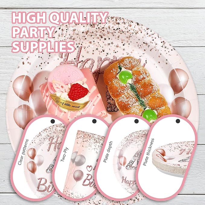 96Pcs 45th Birthday Party Decorations for Women Rose Gold 45th Birthday Paper Plates and Napkins Sets Pink Gold 45 Theme Decorations for Women Cheers to 45 Years Old Fabulous Party Supplies Serves 24
