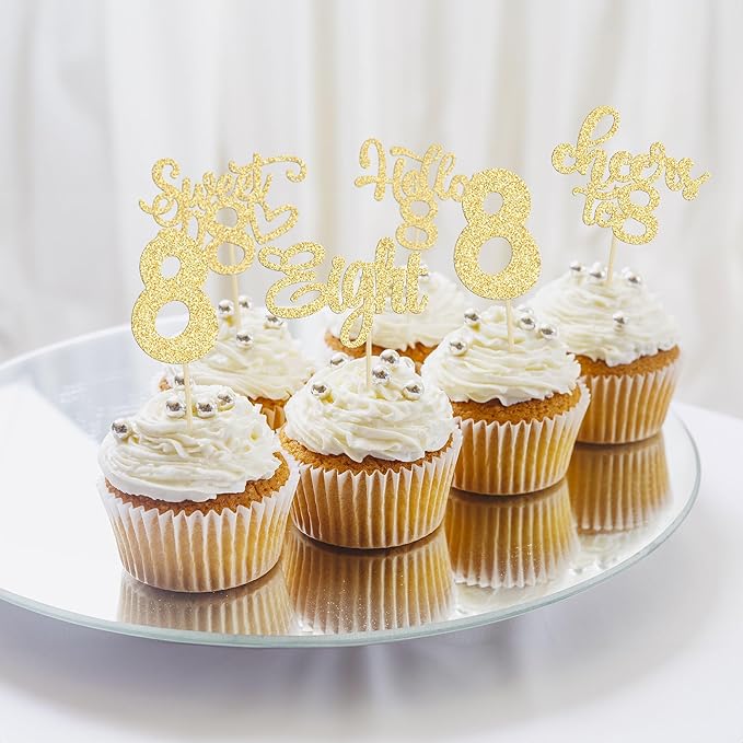 30Pcs 8th Birthday Cupcake Toppers Glitter Eight Hello 8 Cupcake Picks Cheers to 8 Years Old Cake Decorations for 8th Birthday Party Supplies Gold