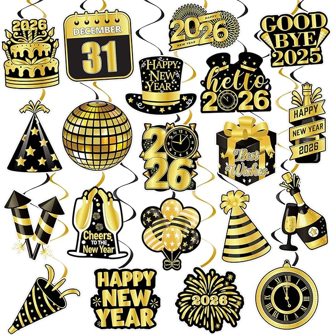 40Pcs Happy New Year Decorations Hanging Swirls, Black and Gold Happy New Year Hanging Swirls Ceiling Decor for New Year's Eve Party Decorations Supplies 2026