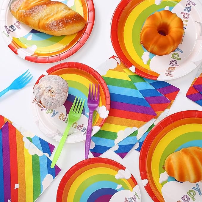 100 Pcs Rainbow Party Supplies Include 7 Inch Rainbow Plates 9 Inch Party Plates Napkins Forks and Spoons for 20 Guests Birthday Party Decorations