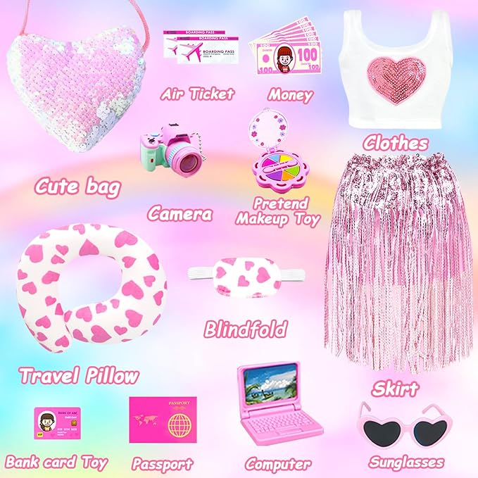 20Pcs 18 Inch Girl Doll Accessories Case Luggage Travel Play Set with Clothes, Bag, Travel Pillow, Glasses, Computer, Pretend Makeup Toy, Stuff for 18 Inch Doll - Christmas Birthday Gift