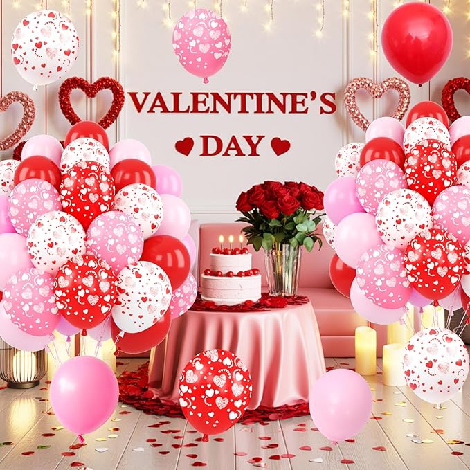 Red and Pink Balloons, 50 Pcs 12 Inch Pink and White Heart Printed Latex Balloon, Red Helium Heart Balloons, for Valentine’s Day Wedding Engagement Anniversary Baby Shower Birthday Party Decorations