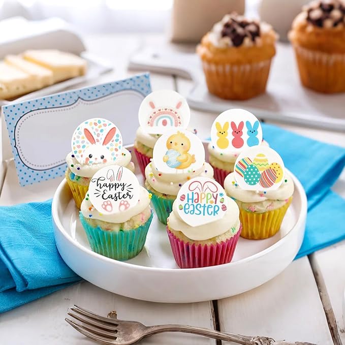 Ercadio 40pcs Edible Happy Easter Cupcake Topper Round Edible Easter Bunny Rabbit Ears Eggs Cupcake Picks For Easter Sunday Birthday Spring Baby Shower Party Cake Decorations Supplies