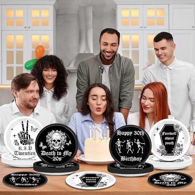 CHUNNIN 48Pcs Gothic Death to My 20s Party Paper Plates 30th Birthday Themed Party Supplies 7" Death to My Twenties Party Rip to My 20s Disposable Plates for 30th Birthday Party Decorations