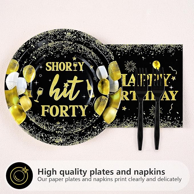 96Pcs 40th Birthday Party Supplies Black and Gold Shorty Hit Forty Plates and Napkins Gold Cheers to 40 Tableware Set for Women Men Happy 40th Birthday Party Supplies，Serves 24