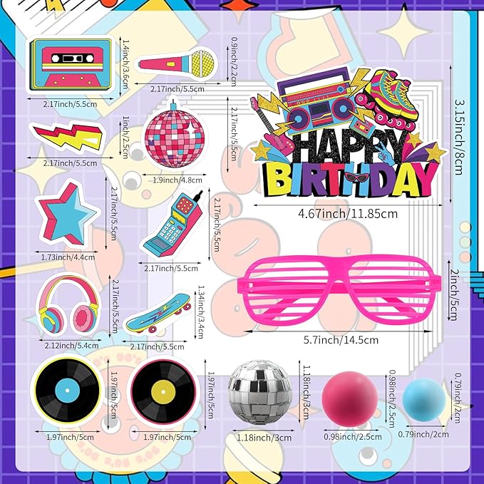 Hooqict 26 PCS 80s Cake Decorations 80s 90s Cake Toppers Retro 1980s Hip Hop Cake Decorations with Glitter Balls Cupcake Toppers for Neon Throwback Birthday Party Supplies